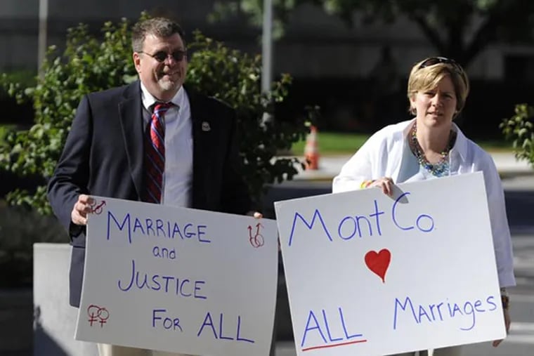 Supporters of gay marriages arrive outside the Pennsylvania Judicial Center prior to the hearing of Montgomery County Clerk Bruce Hanes on issuing same-sex marriage licenses Wednesday, Sept. , 2013 in Harrisburg, Pa.  The proceeding stems a lawsuit filed by Governor Tom Corbett's Health Department against Hanes.  The Health Department wants the court to stop Hanes, who handles the licenses in his role as orphan's court clerk.  Hanes says there's a conflict between the state marriage law's restriction of marriage to opposite-sex couples and his constitutional obligations.   (AP Photo/Bradley C Bower)
