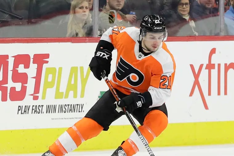 Flyers forward Scott Laughton, who missed 13 games earlier this season because of a broken finger, was injured in the second period Saturday and did not return to the ice.