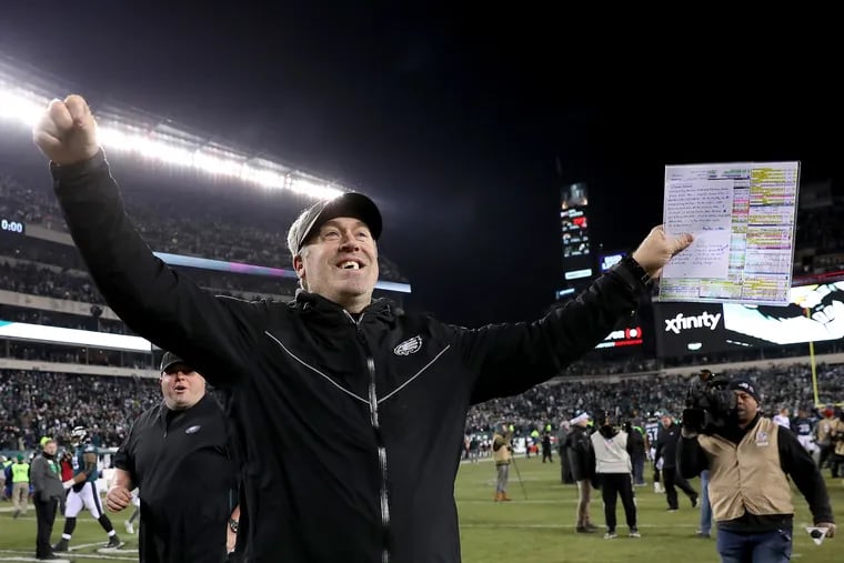 Eagles coach Doug Pederson celebrates after his team beat the Dallas Cowboys, 17-9, on Sunday at Lincoln Financial Field.