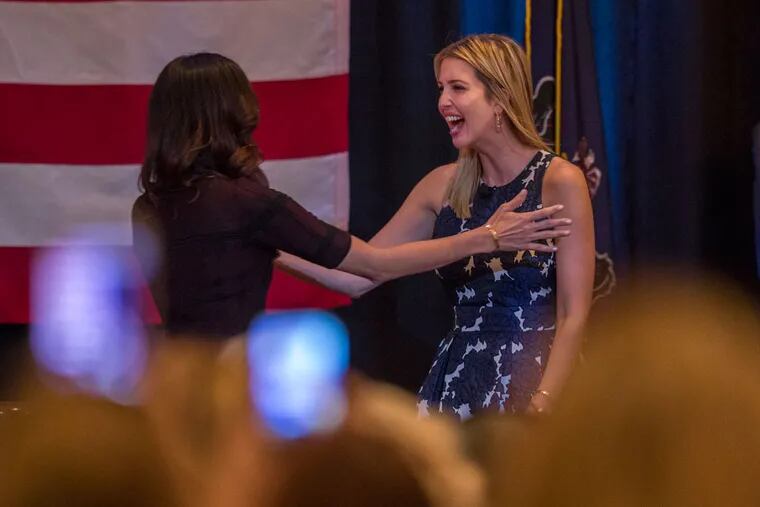 Ivanka Trump, the candidate’s daughter, was all smiles in Drexel Hill as she greeted her host, Erin Elmore, a past contestant on her father’s reality show, “The Apprentice.” Trump made three campaign stops in the Philadelphia area before a fund-raiser Thursday night. She didn’t address allegations against her father, but those who attended didn’t seem to mind.