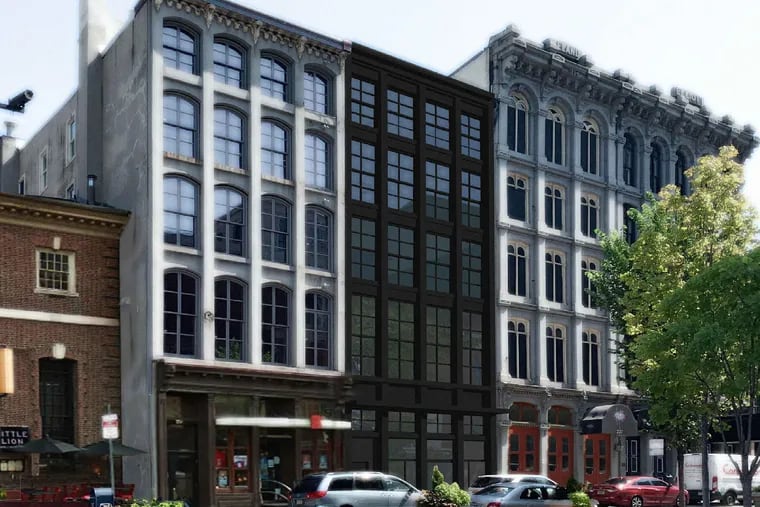 An artist rendering of a condo building proposed for the Chestnut Street site in Old City where a fire-gutted historic building once stood.
