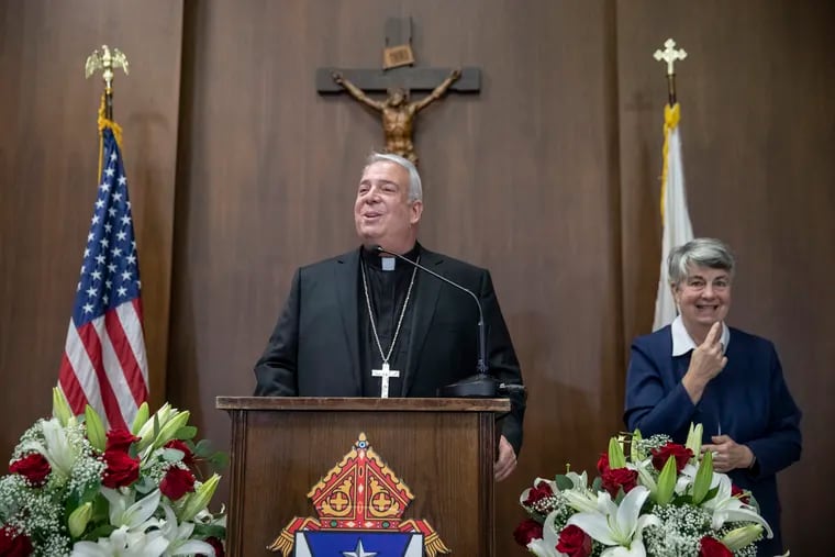 Bishop Nelson J. Pérez addresses those assembled at the Archdiocese’s offices on Thursday after his introduction by Archbishop Charles J. Chaput.