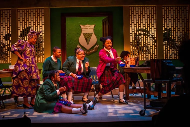 Ontario Kim Wilson, Jessica Money, Imani Moss, Arielle Faye Telemaco-Beane, Adaeze Nwoko, and Morgan Charece Hall in SCHOOL GIRLS; OR, THE AFRICAN MEAN GIRLS PLAY at Arden Theatre Company. Photo credit: Wide Eyed Studios.