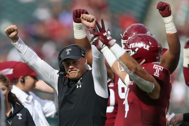 Temple head coach Geoff Collins celebrates after officials reviewed a touchdown play in Temple's favor during a game against Cincinnati at Lincoln Financial Field in South Philadelphia on Saturday, Oct. 20, 2018. TIM TAI / Staff Photographer