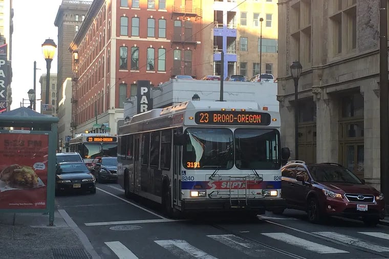 SEPTA bus Route 23, the longest bus route in Philadelphia, is backed up on a Wednesday afternoon in Center City — two buses in a row because the first one was so off schedule.
