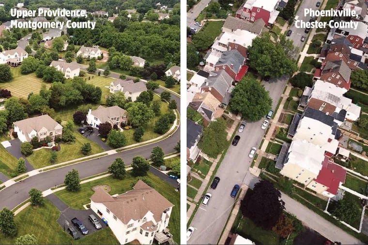 Just a few miles apart, Upper Providence (Montgomery County, left) and Phoenixville (Chester County, right) have both grown in population. But different families are moving in. New homes in Upper Providence are larger, surrounded by more space; younger families are moving into denser, smaller homes in Phoenixville.