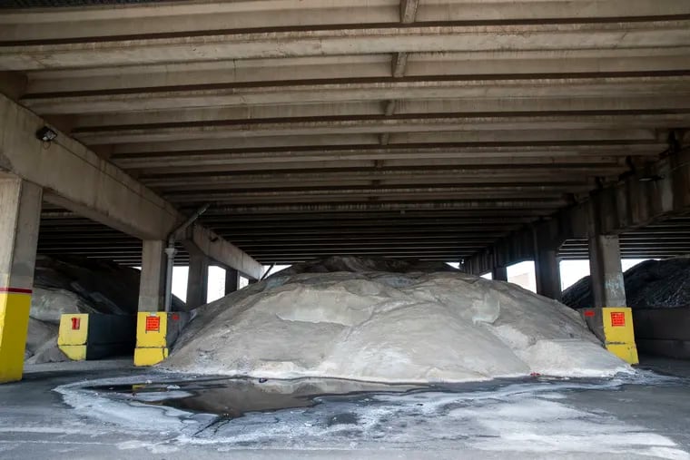 PennDot salt storage at Front Street and Oregon Avenue in Philadelphia. The city depends on salt to mitigate the effects of winter storms on its 2,500 miles of roads.