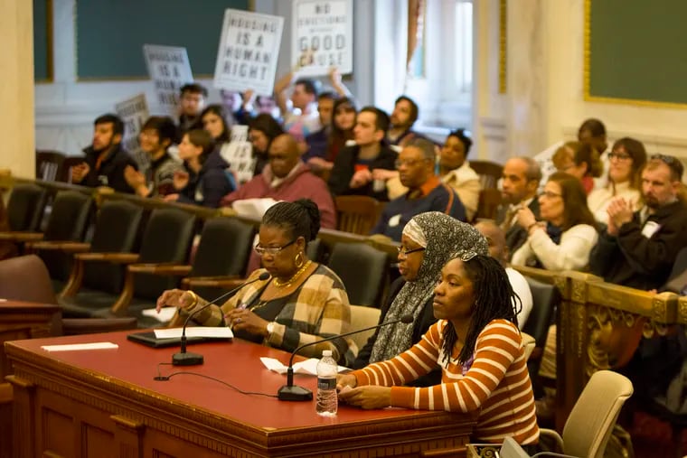 Wrongly evicted tenants share their testimony to support the "Good Cause" bill at City Hall's Council chambers in February.