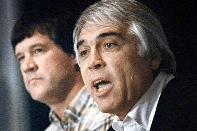 This Nov. 28, 1989 file photo shows British Columbia Lions president Joe Kapp, right,  introducing Lary Kuharich as the CFL team's new coach at a news conference in Vancouver.  Kapp said while he was surprised at the scope of reaction to his recent altercation with Angelo Mosca, he understands why it became such a popular topic.