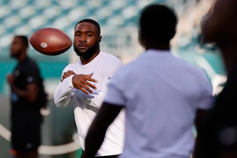 Eagles running back Miles Sanders warming up before the first preseason game against the New York Jets at Lincoln Financial Field on Aug. 12.