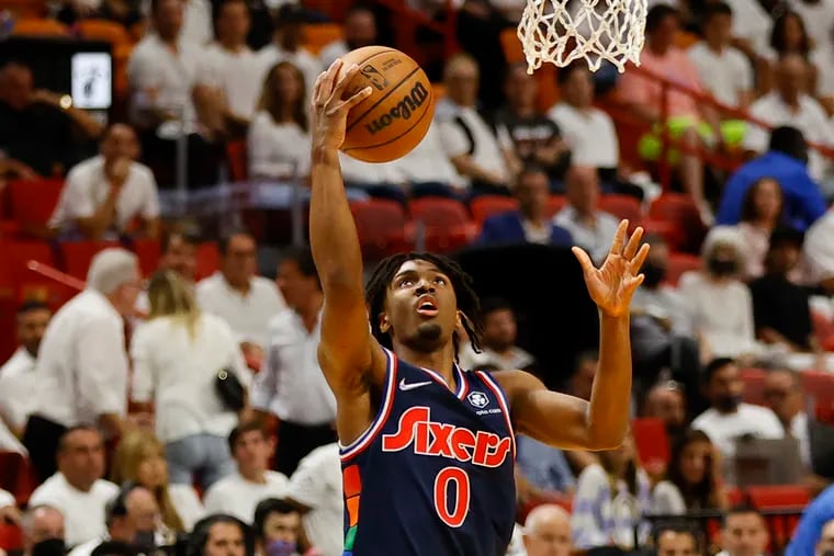 Sixers guard Tyrese Maxey drives to the basket against the Miami Heat during game two of the second-round Eastern Conference playoffs on Wednesday, May 4, 2022 in Miami.