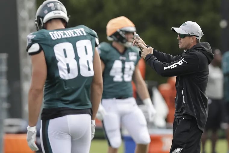 Eagles Special Teams Coordinator Dave Fipp instructs special team members during training camp at the NovaCare Complex in South Philadelphia on Sunday, July 29, 2018. YONG KIM / Staff Photographer