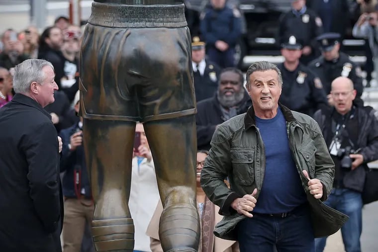 Actor Sylvester Stallone visits the Rocky statue outside the Philadelphia Museum of Art in April 2018.