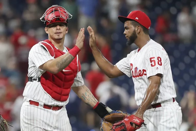 Wilson Ramos, left, and Seranthony Dominguez of the Phillies after their 7-4 victory against the Red Sox at Citizens Bank Park on Wednesday night.