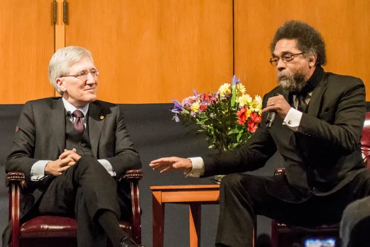 Conservative Robert George, left, appeared with his friend, Cornel West, who is a liberal at a recent panel discussion at Villanova University.