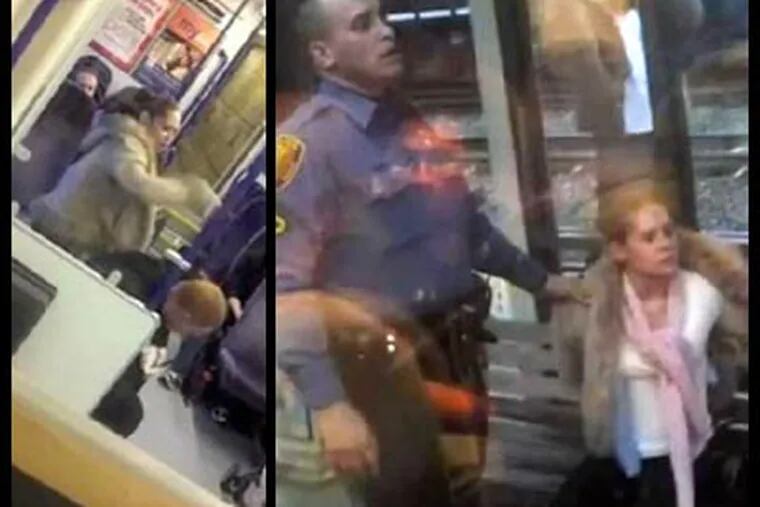 At left, Lisa Alyounes lays into her boyfriend, captured on video by a fellow River Line passenger. At right and post-fight, Alyounes is in custody of a transit cop in Pennsauken. (YouTube)
