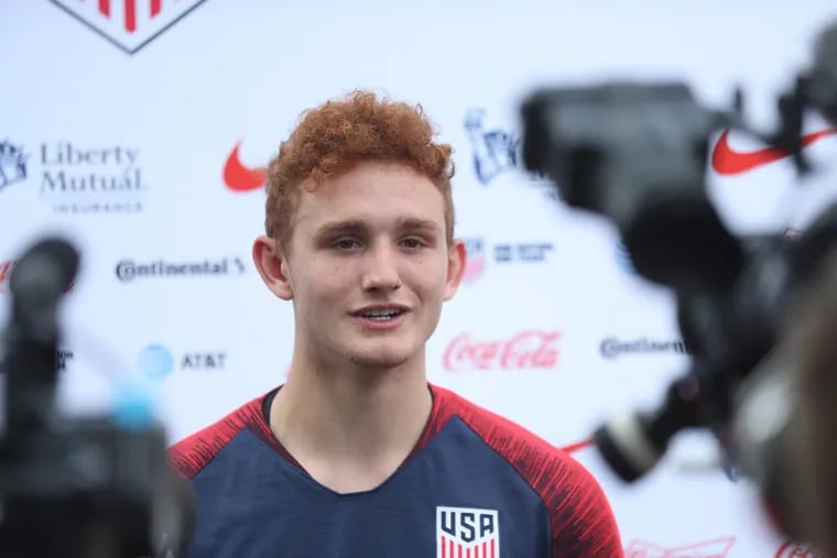 Josh Sargent met with the media before Wednesday’s United States men’s national soccer team practice at Penn’s Rhodes Field.