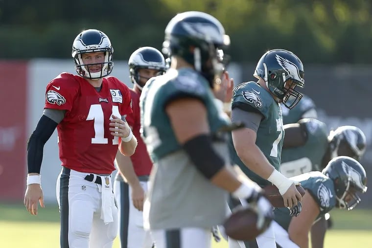 The Eagles’ Carson Wentz waits for a drill to start during training camp last year.