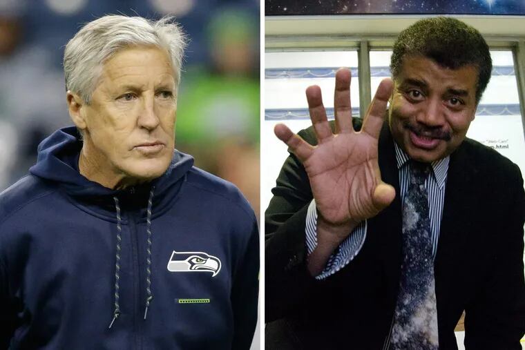 Seahawks head coach Pete Carroll (left) hailed astrophysicist Neil deGrasse Tyson’s explanation of a controversial lateral in Sunday’s Eagles game. But Tyson appeared to agree it was an illegal forward pass.