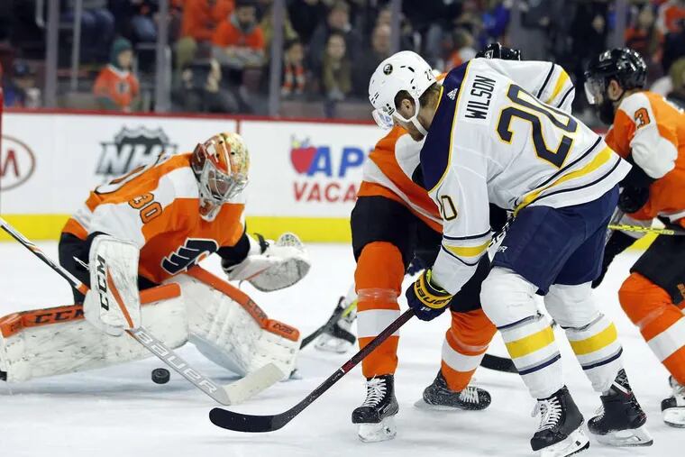 Flyers goalie Michal Neuvirth making a save during a 4-1 win over Buffalo on Jan. 7.