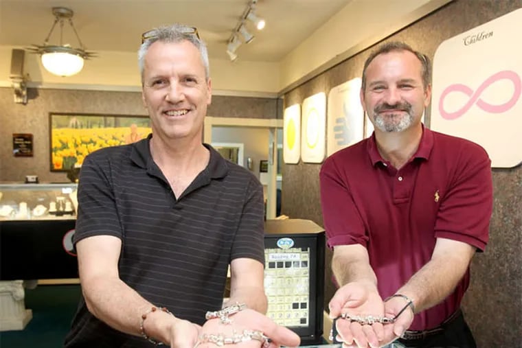 Justin Bortz (left) and David Johnson are partners in City Charm Co. L.L.C., which makes and sells silver charms of sites from area cities. including Reading, Lancaster, and Philadelphia. They plan to expand to cities outside the state. (Charles Fox / Staff Photographer)