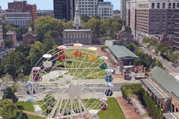 Photo illustration of what an imagined ferris wheel would look like on Independence Mall.