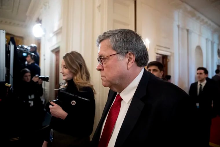 Attorney General William Barr arrives at the 2019 Prison Reform Summit and First Step Act Celebration in the East Room of the White House in Washington, Monday, April 1, 2019.