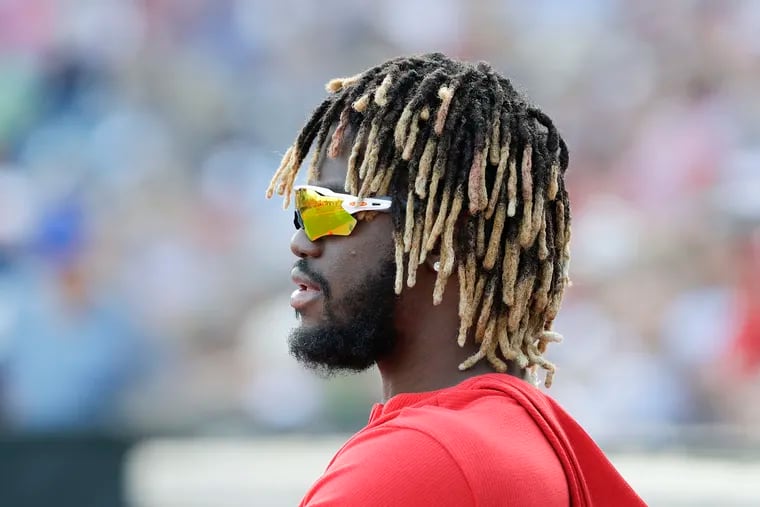 Phillies center fielder Odubel Herrera watches his teammates play the Toronto Blue Jays in a spring training game on Saturday, March 9, 2019 at Spectrum Field in Clearwater, FL.