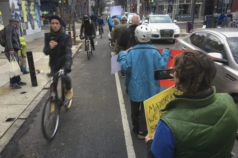 Advocates formed a human protected bike lane to raise awareness about bike safety after a woman was hit on her bike and killed in December. Five months later, Pablo Avendano was killed in a crash on his bike while working for delivery service Caviar.