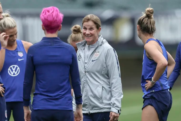 U.S. women's soccer team head coach Jill Ellis chatting with Megan Rapinoe during Wednesday's public training session at Lincoln Financial Field.