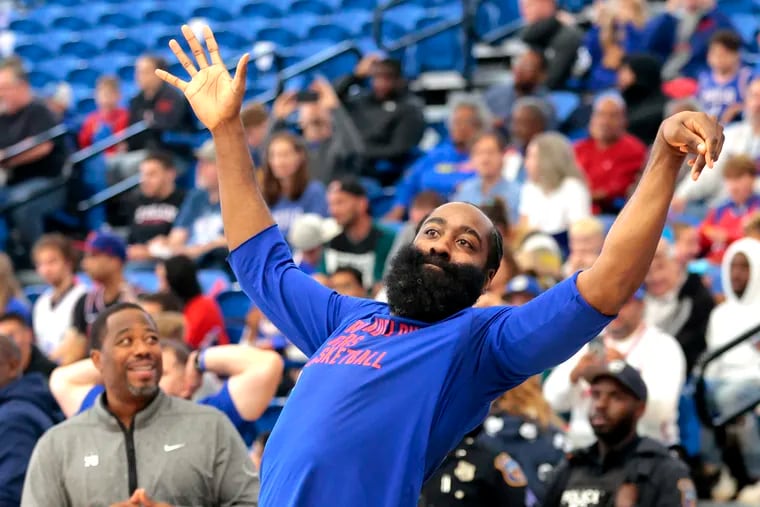 James Harden uses some body language to try to coax in a jump shot during the Sixers' Blue-White scrimmage at Chase Fieldhouse in Wilmington on Oct. 14.