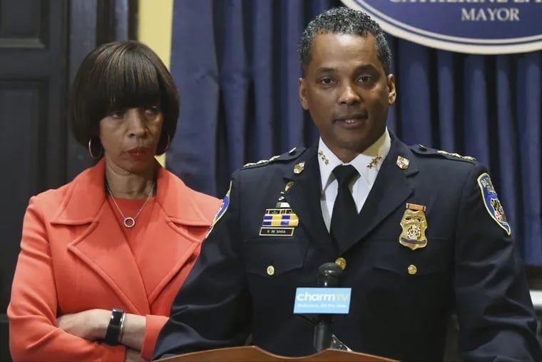 Baltimore Mayor Catherine Pugh and Police Commissioner Darryl De Sousa at a Jan. 19, 2018, news conference.