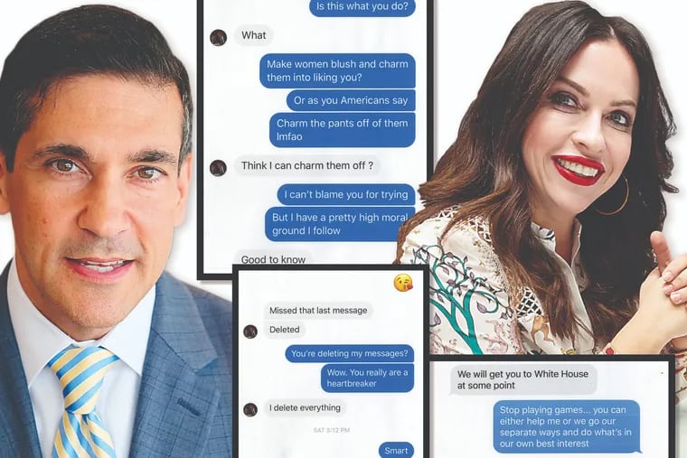 Messages are between Irina Goldstein, who ran as a Republican in the May 21 primary election for Philadelphia City Council, and Valentino "Val" DiGiorgio III, the chairman of the Pennsylvania Republican Party. The messages are from Facebook Messenger and Snapchat. Goldstein's messages are in blue.