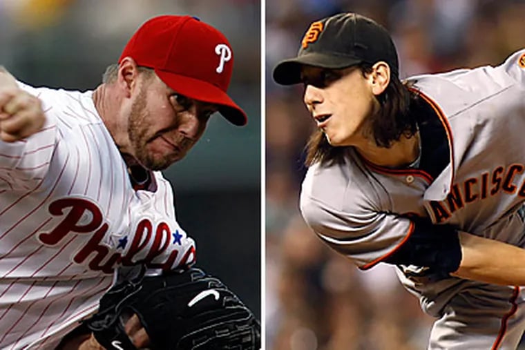 Former Cy Young winners Roy Halladay, left, and Tim Lincecum will square off in Game 1 of the NLCS tonight. (AP Photos)