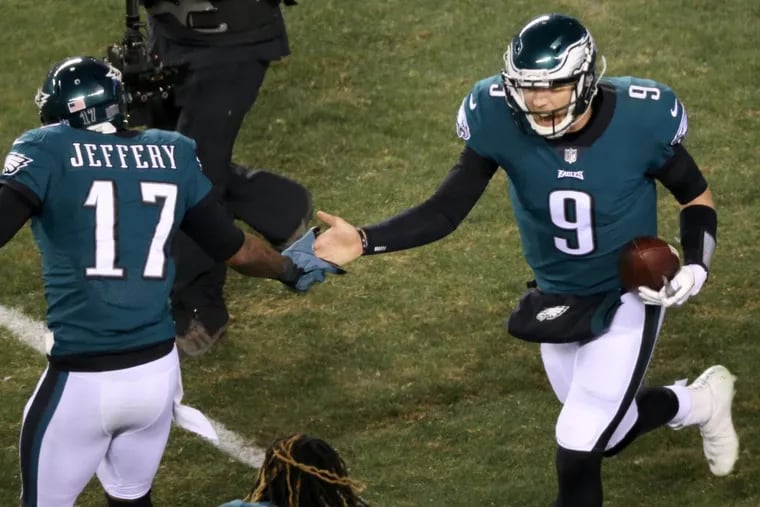 Nick Foles celebrates Alshon’s Jeffery’s second-quarter touchdown, which came on third-and-10.