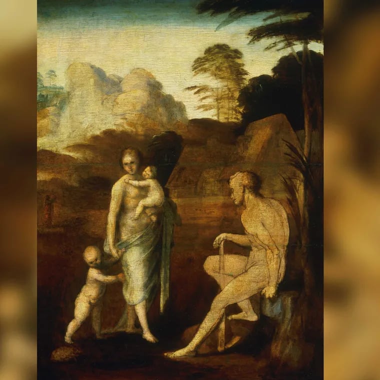 "Adam and Eve with Cain and Abel" by Fra Bartolomeo, dated 1512, at the Philadelphia Museum of Art. A new book claims the painting is misattributed and was done by Leonardo da Vinci.