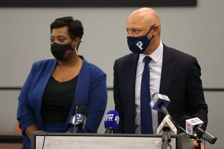Superintendent William R. Hite Jr. (right) speaks during a news conference about summer learning programs for students at the School District of Philadelphia headquarters in Philadelphia in this 2021 file photo. At left is Malika Savoy-Brooks, chief of academic supports.