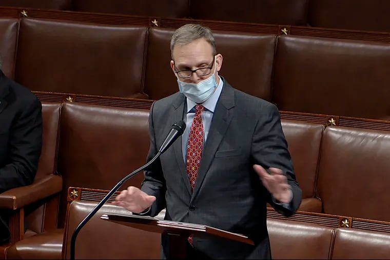 In this image from video, Rep. Scott Perry (R., Pa.) speaks on the House floor on Jan. 7, objecting to counting Pennsylvania's electoral votes hours after the Capitol insurrection.