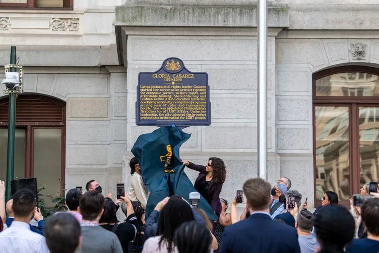 Philadelphia City Officials and friends unveiled a plaque marker for  LGBTQ activist, Gloria Casarez during a ceremony at The Philadelphia City Hall in Philadelphia, Pa. Friday, October 8, 2021.