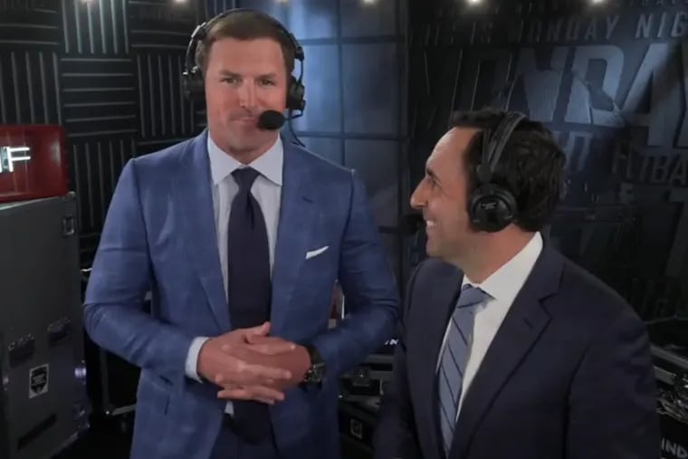 New "Monday Night Football" analyst Jason Witten (left) in the booth alongside play-by-play announcer Joe Tessitore.