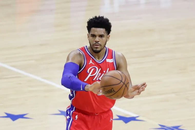 Sixers forward Tobias Harris passes the basketball against the Atlanta Hawks in Game 1 of the NBA Eastern Conference playoff semifinals on Sunday, June 6, 2021.