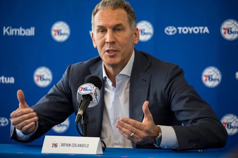 GM Brian Colangelo speaks with the media during a press conference at the Sixers practice facility in Camden, NJ, Friday, May 11, 2018.