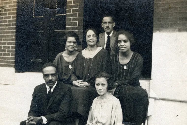 Tanner family members gather on the front steps of the Tanner House, at 2908 W. Diamond St. in Philadelphia, in this photo taken circa 1920. Bottom row (l-r)  Aaron A. Mossell Jr., and his wife, Jeanette Gaines Mossell; Middle row (l-r) Sadie T. M. Alexander, her mother, Mary L. Tanner Mossell, and Sadie's sister, Elizabeth Mossell Anderson; Top row: Page Anderson, Elizabeth Anderson's husband.