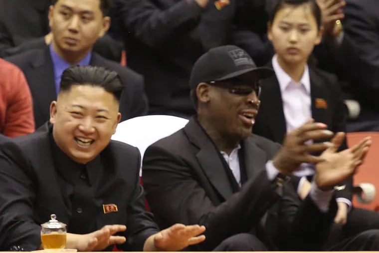 Block that joke: North Korean leader Kim Jong Un (left), and his best bud Dennis Rodman, in Pyonyang last year.