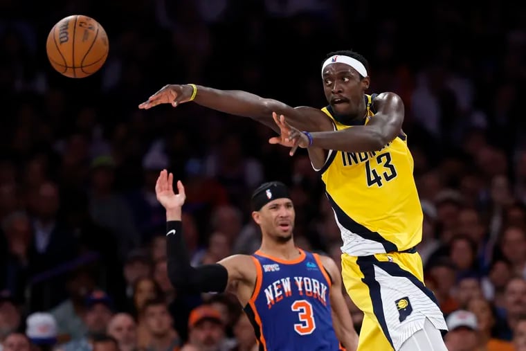 Pascal Siakam #43 of the Indiana Pacers passes the ball during the fourth quarter against the New York Knicks in Game Five of the Eastern Conference Second Round Playoffs at Madison Square Garden on May 14, 2024 in New York City. (Photo by Sarah Stier/Getty Images)