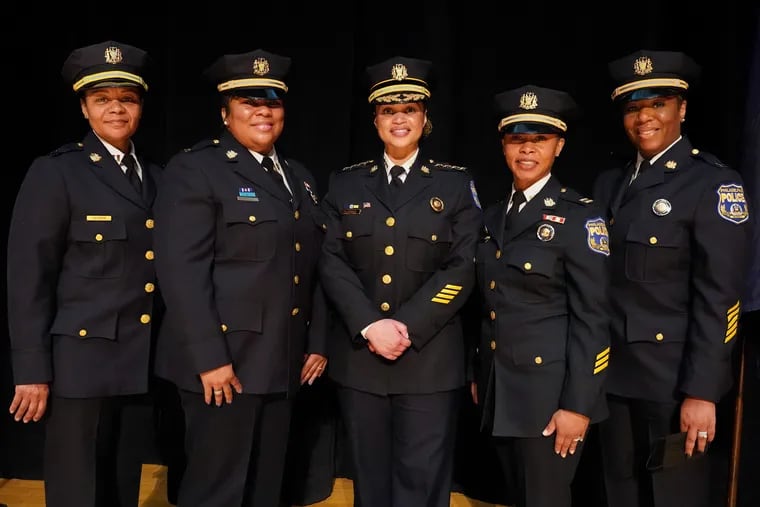 From left: Chanta Herder, Myesha Massey, Police Commissioner Danielle Outlaw, Colleen Billups and Margo Alleyne-Parker at a Philadelphia Police Promotion Ceremony held at the Temple Preforming Arts Center on Wednesday.