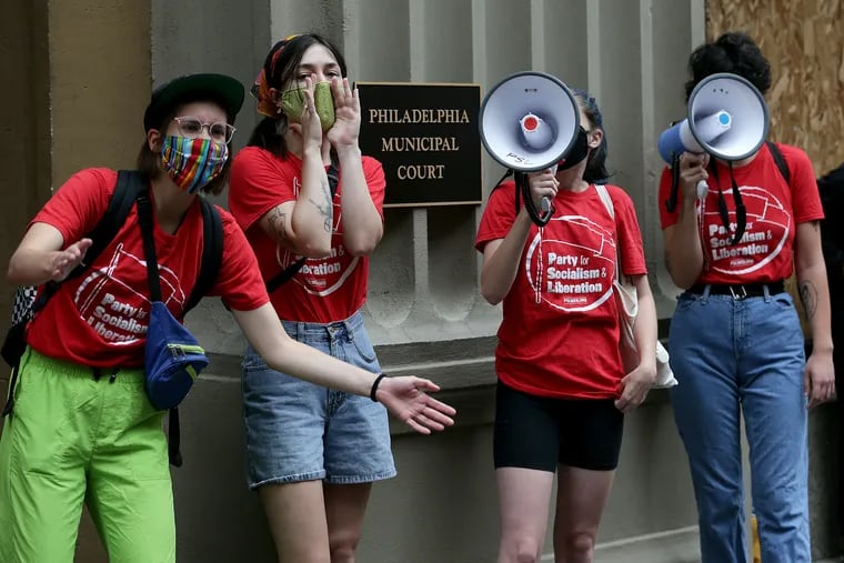 Members of the Party for Socialism and Liberation protests about the end of the PA eviction moratorium outside Philadelphia Municipal Court in Philadelphia, Pa. on August 31, 2020.