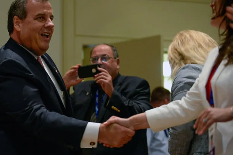 Gov. Christie greets the audience at Northeast Republican Leadership Conference. (BEN MIKESELL/Staff Photographer)