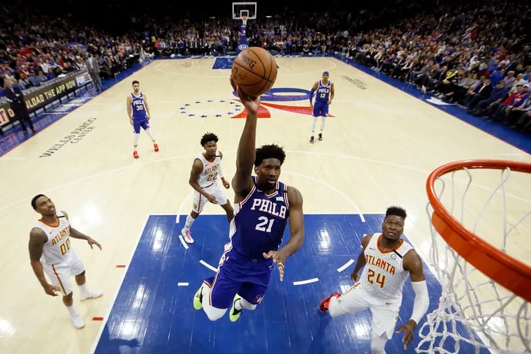 Joel Embiid (21) scored 49 points against the Hawks on Monday night.