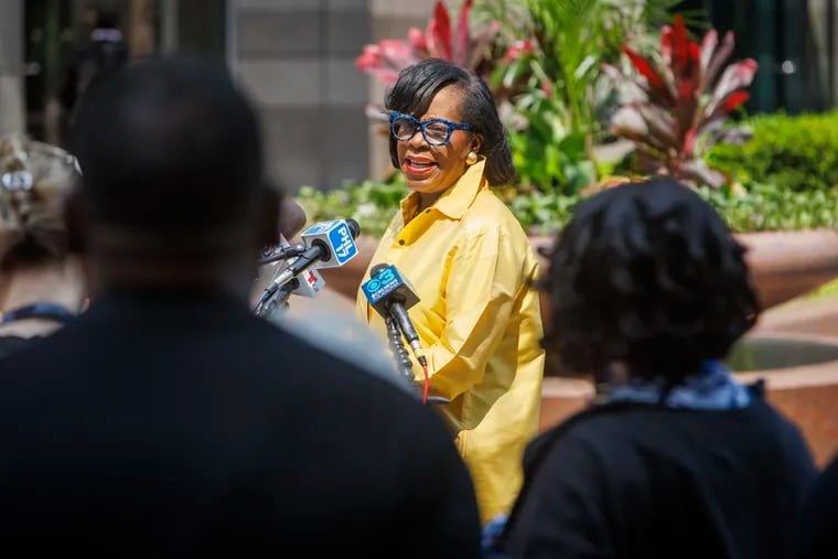 Cherelle Parker, Democratic nominee for Philadelphia mayor, holds a news conference in Center City on Monday. She said she'd expand her commercial corridor cleanup program if she is elected mayor.